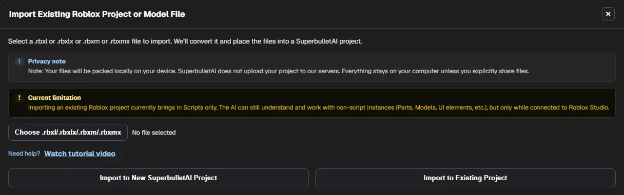 The Import Existing Roblox Project or Model File window with the file picker and the Import to New SuperbulletAI Project and Import to Existing Project buttons