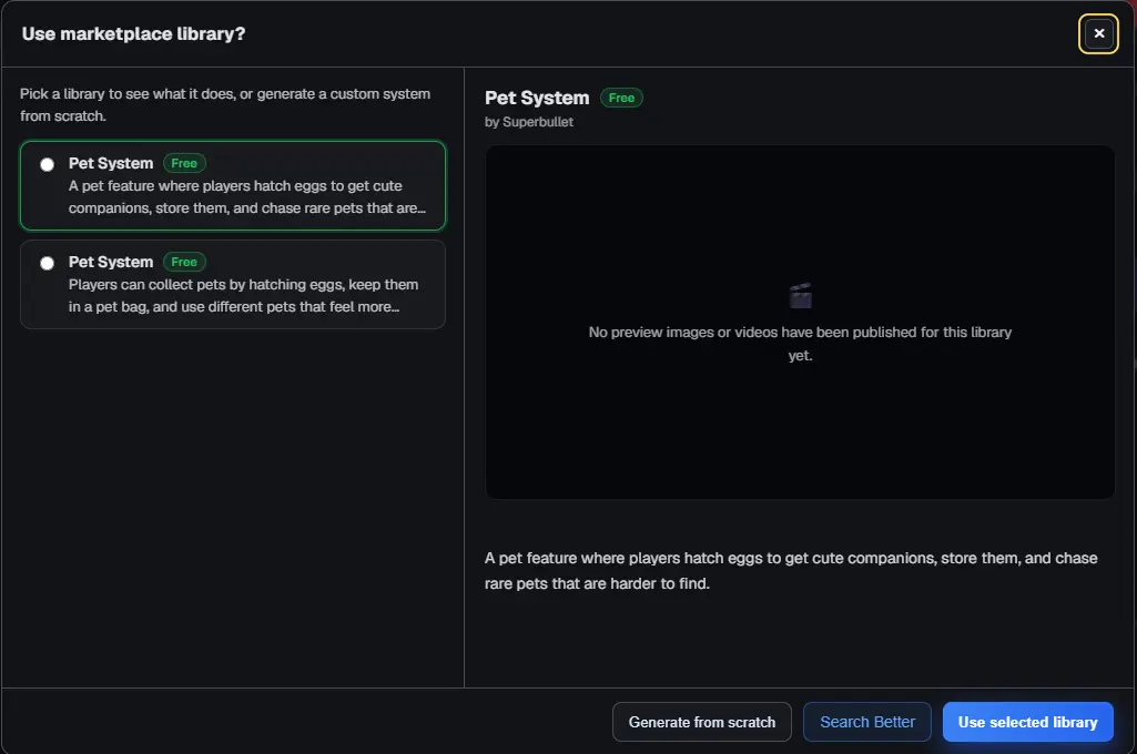 Use marketplace library opened again with the two other Pet System libraries, with the close button highlighted