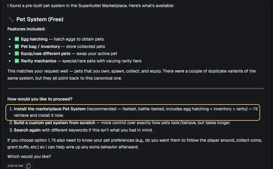 The AI's reply listing the Pet System's features, then three options, with option 1, Install the marketplace Pet System, highlighted