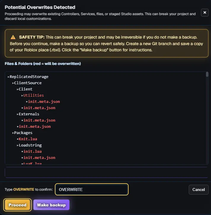 The Potential Overwrites Detected window with OVERWRITE typed in the confirm box and the Proceed button highlighted