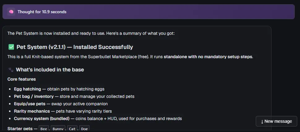 The AI's summary: Pet System (v2.1.1) Installed Successfully, then its core features
