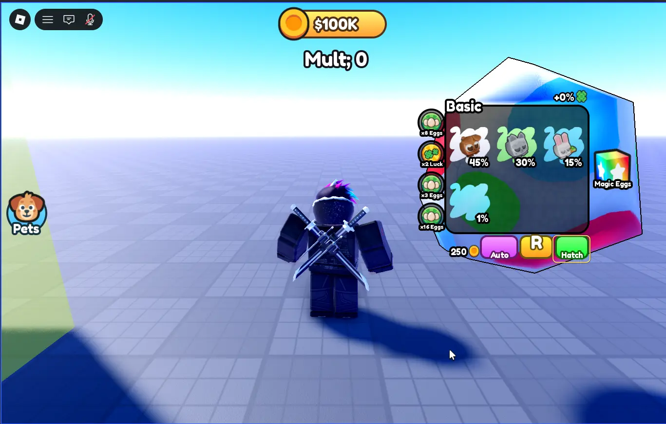 A playtest standing in front of the Basic egg, with its pets, chances and the Hatch button