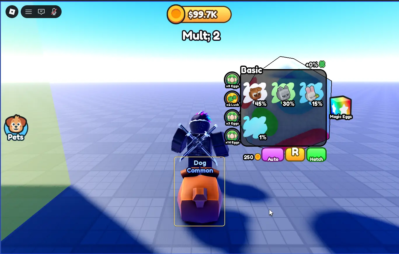 The same playtest after hatching, with a Dog pet labeled Common following the character
