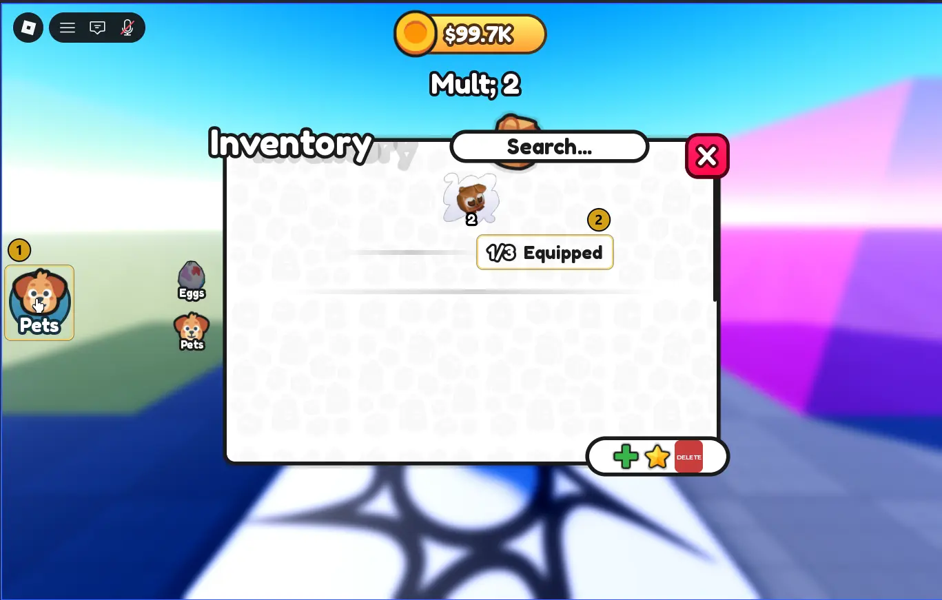 The Inventory window with one Dog and 1/3 Equipped, marked 2, opened from the Pets button, marked 1