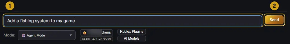 The Superbullet chat box with Add a fishing system to my game typed in, marked 1, and the Send button marked 2
