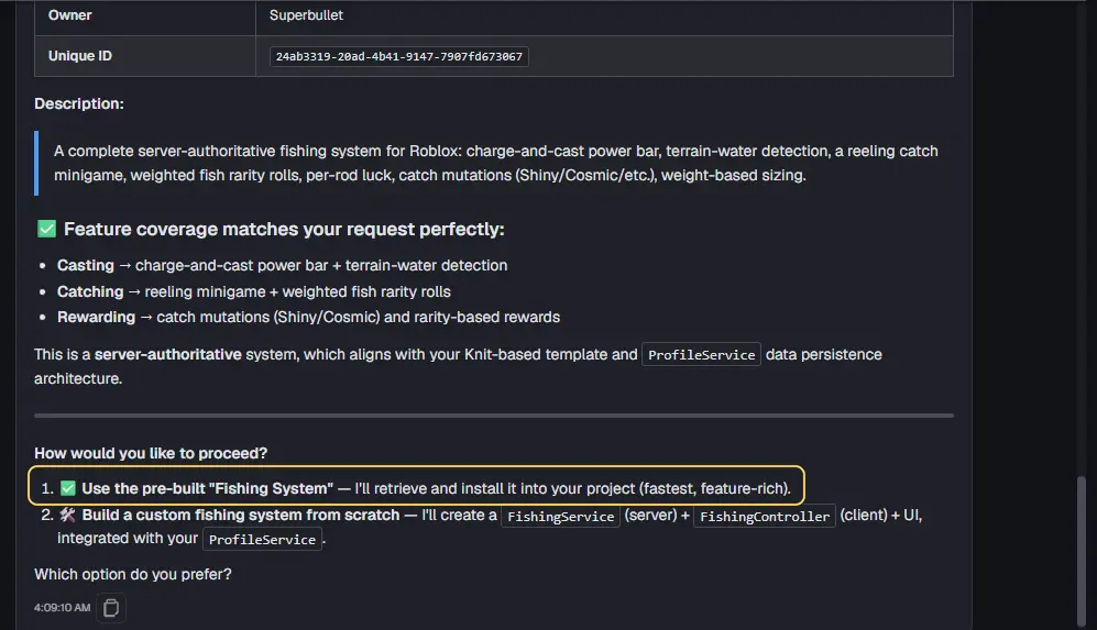 The AI's reply listing the Fishing System and asking how to proceed, with the option to use the pre-built Fishing System highlighted