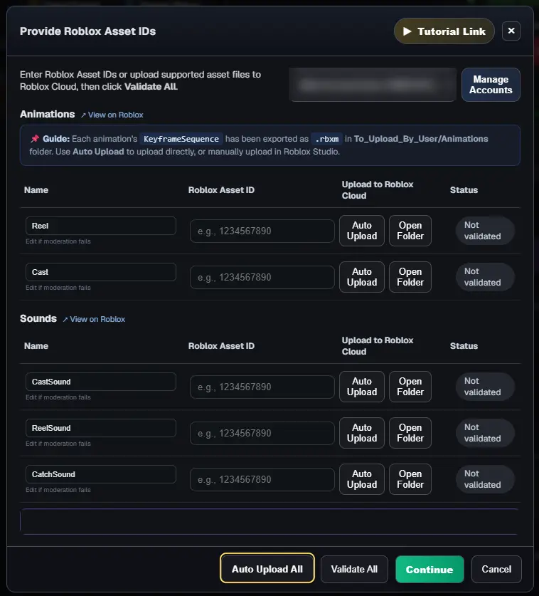The Provide Roblox Asset IDs window listing the Reel and Cast animations and three sounds, with the Auto Upload All button highlighted
