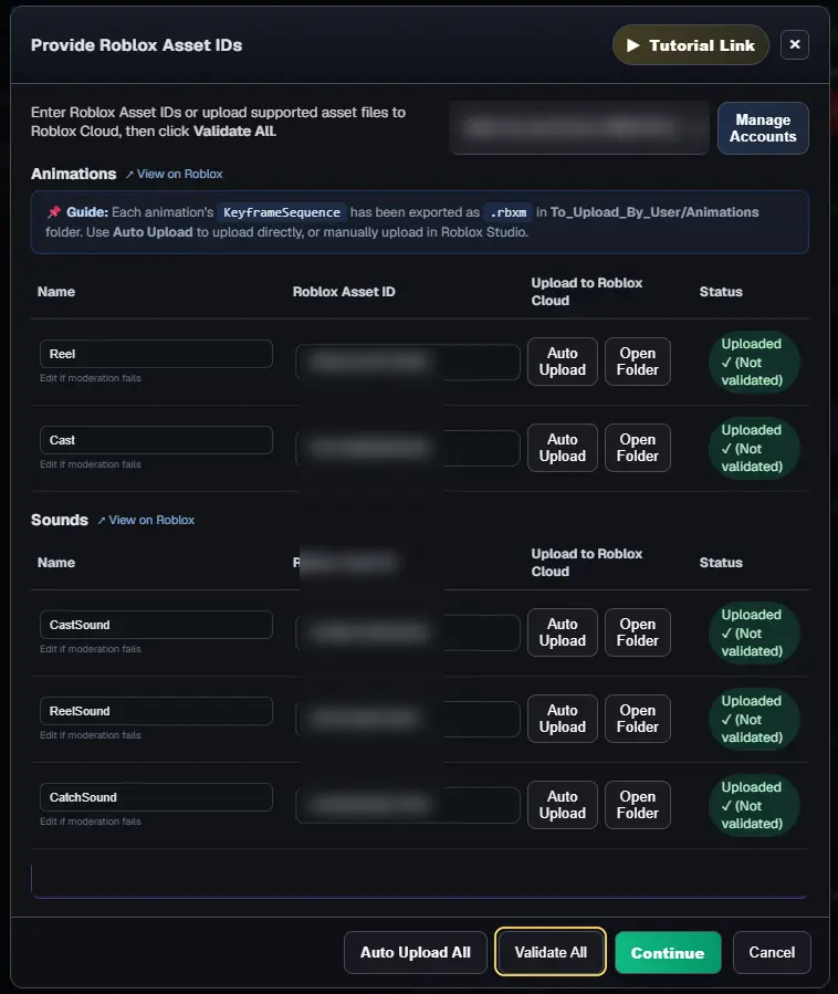 Every animation and sound showing an ID and Uploaded, not validated, with the Validate All button highlighted