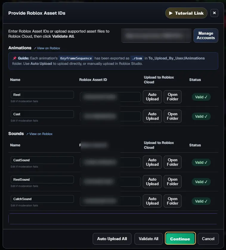 Every animation and sound marked Valid, with the Continue button highlighted
