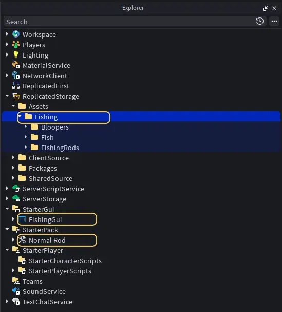 Studio's Explorer with the Fishing folder, FishingGui and Normal Rod highlighted