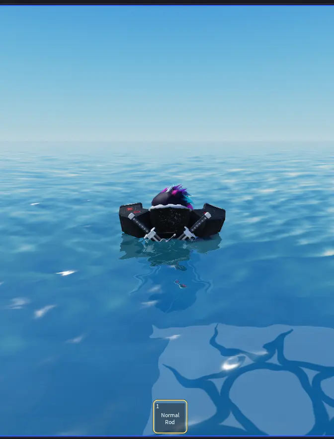 A playtest with the character in the test water and the Normal Rod highlighted in the hotbar