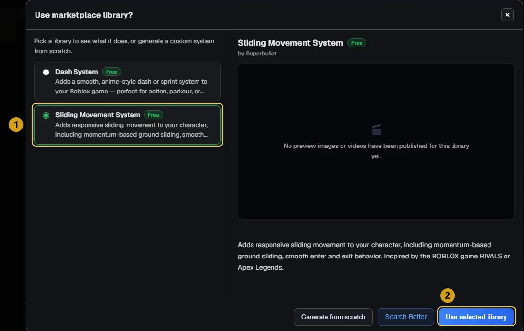 The Use marketplace library window with Sliding Movement System selected, marked 1, and Use selected library marked 2