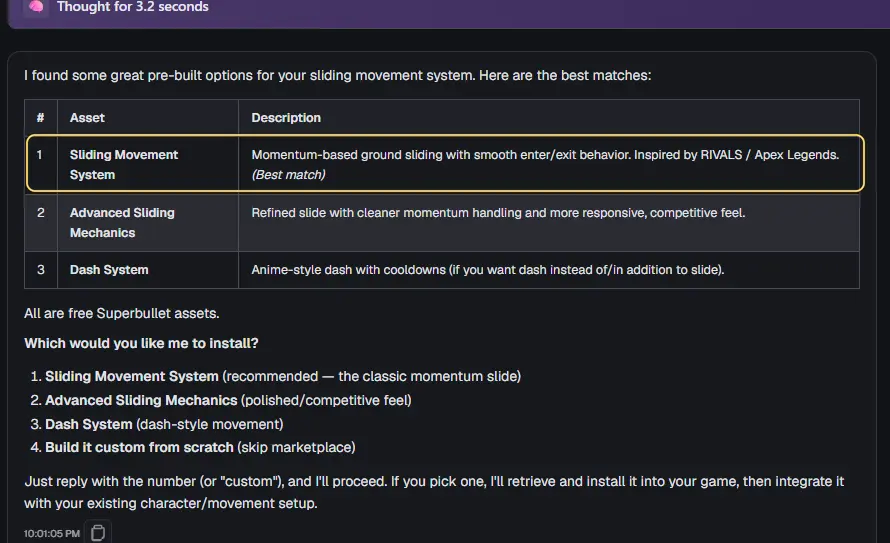 The AI's reply listing Sliding Movement System as option 1, highlighted, then Advanced Sliding Mechanics and Dash System