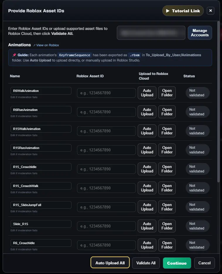 The Provide Roblox Asset IDs window listing the slide animations, with Auto Upload All highlighted