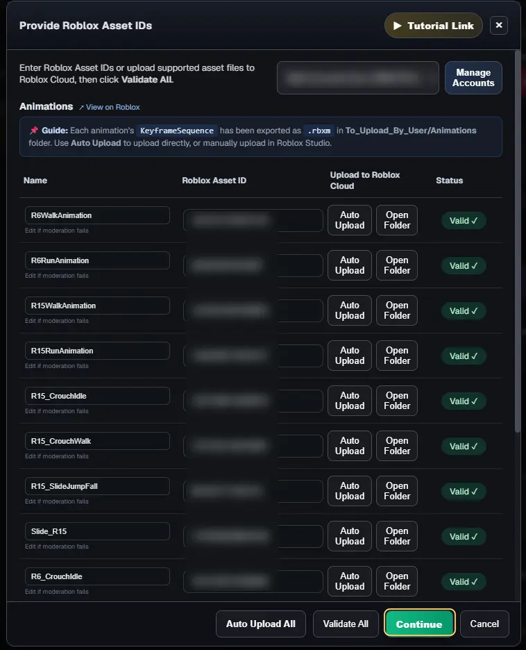 Every animation marked Valid, with Continue highlighted