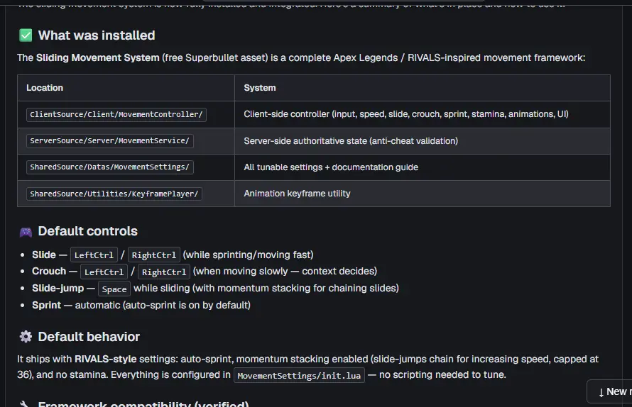 The AI's summary: What was installed, with a table of four locations, then Default controls