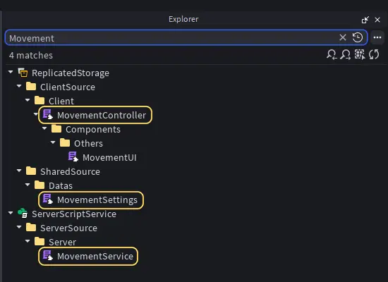 Studio's Explorer filtered by Movement, with MovementController, MovementSettings and MovementService highlighted